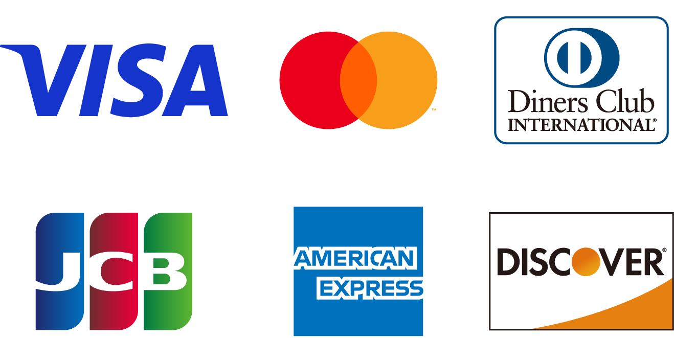 Visa（ビザ）、Mastercard®（マスターカード）、Diners Club（ダイナースクラブ）、JCB（ジェーシービー）、American Express（アメリカン・エキスプレス）、Discover（ディスカバー）